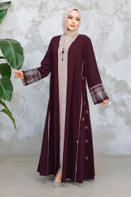 Plum Color Modest Dubai Abaya 41568MU - 4