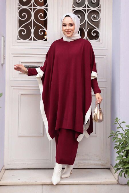 Poncho Burgundy Knit Modest Three-Piece Set 33850BR - NEVA STYLE