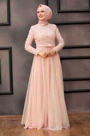 Powder Pink Hijab Evening Dress 7829PD - 1