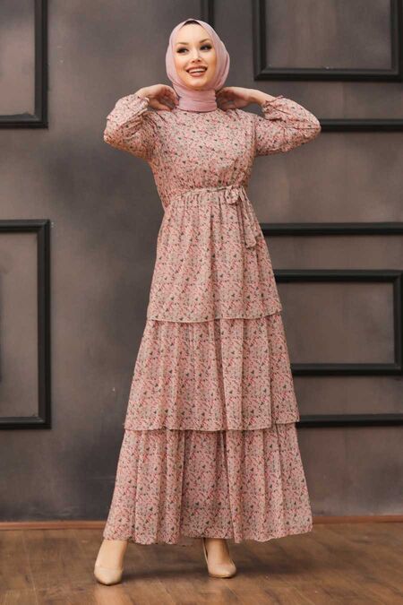 Powder Pink Hijab Dress 53473PD - NEVA STYLE