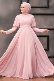 Powder Pink Hijab Evening Dress 1101PD - 2