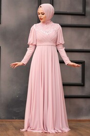 Powder Pink Hijab Evening Dress 1101PD - 4