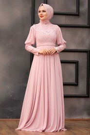 Powder Pink Hijab Evening Dress 1101PD - 3