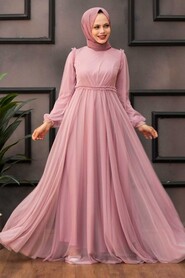 Powder Pink Hijab Evening Dress 29210PD - 1