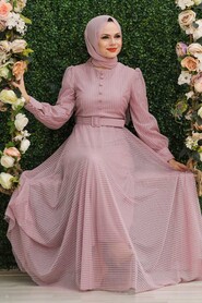 Powder Pink Hijab Evening Dress 30170PD - 2