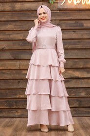  Powder Pink Turkish Hijab Muslim Evening Dress 3037PD - 1