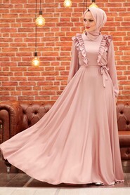  Satin Powder Pink Modest Islamic Clothing Wedding Dress 3117PD - 1