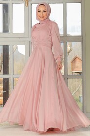 Powder Pink Hijab Evening Dress 32761PD - 1