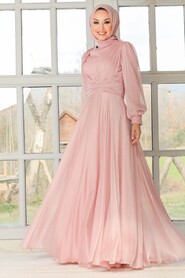 Powder Pink Hijab Evening Dress 32761PD - 3