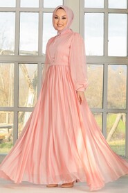 Powder Pink Hijab Evening Dress 33232PD - 3