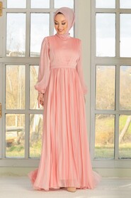 Powder Pink Hijab Evening Dress 33232PD - 4
