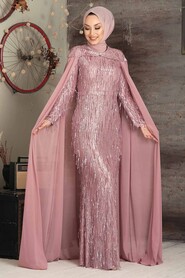 Powder Pink Hijab Evening Dress 3450PD - 1