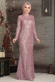 Powder Pink Hijab Evening Dress 3450PD - 4