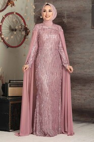 Powder Pink Hijab Evening Dress 3450PD - 2
