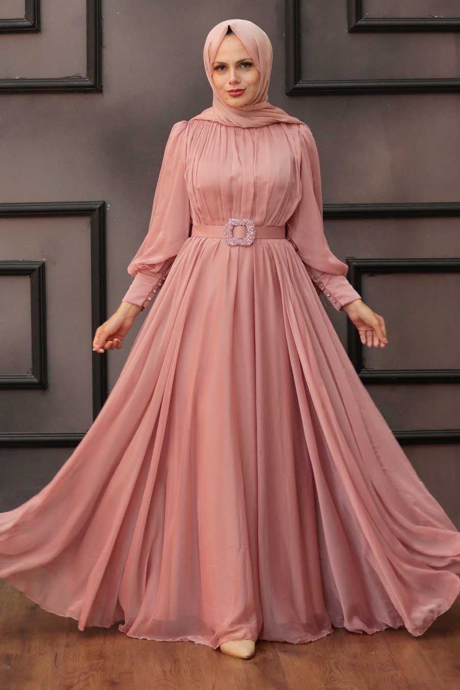 Elegant Powder Pink Islamic Long Sleeve Maxi Dress 40221PD - Neva-style.com