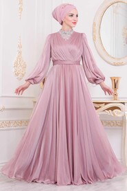 Powder Pink Hijab Evening Dress 40550PD - 2