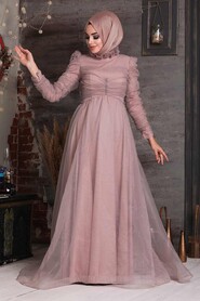 Powder Pink Hijab Evening Dress 41130PD - 1