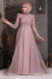 Powder Pink Hijab Evening Dress 41130PD - 3