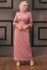  Long Powder Pink Hijab Evening Gown 43650PD - 2