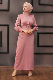  Long Powder Pink Hijab Evening Gown 43650PD - 3