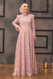 Powder Pink Hijab Evening Dress 54750PD - 1