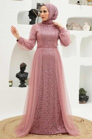  Long Sleeve Powder Pink Modest Evening Gown 5632PD - 1