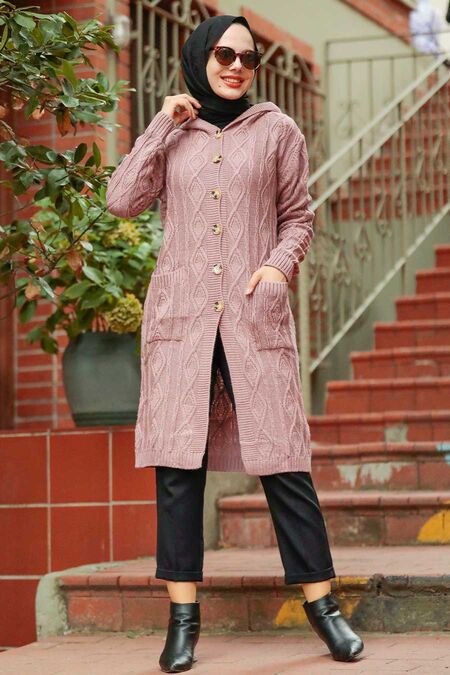 Powder Pink Hijab Knitwear Cardigan 4011PD - NEVA STYLE