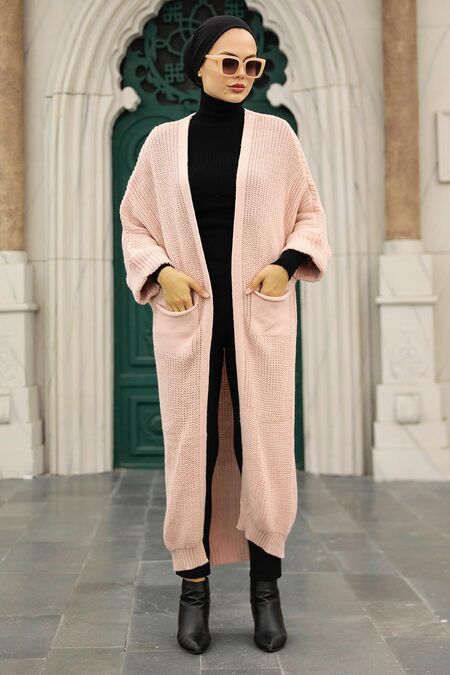 Powder Pink Hijab Knitwear Cardigan 4182PD - NEVA STYLE