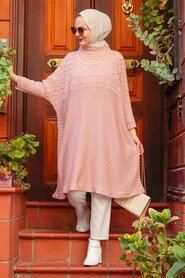 Powder Pink Hijab Knitwear Poncho 3245PD - 2