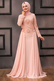 Powder Pink Hijab Evening Dress 18810PD - 1