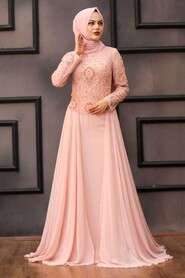 Powder Pink Hijab Evening Dress 18810PD - 2