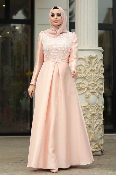  Stylish Powder Pink Modest Islamic Clothing Wedding Dress 3755PD - NEVA STYLE