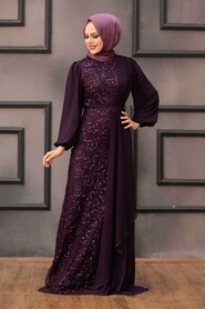  Elegant Pulum Color Islamic Clothing Prom Dress 5516MU - 2