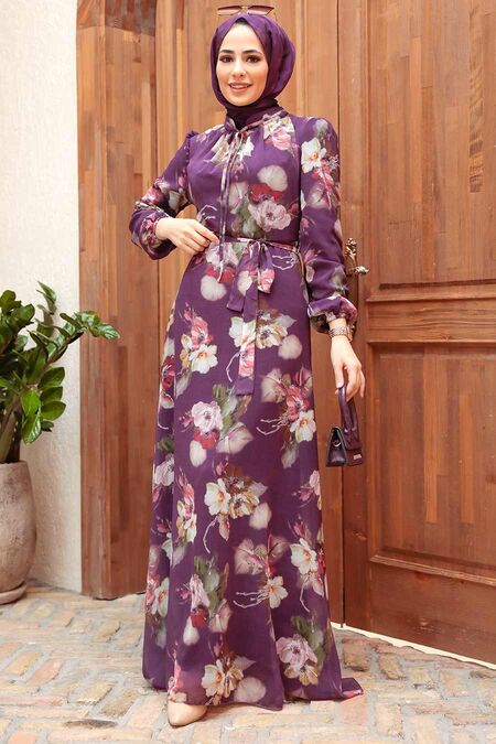 Purple Hijab Dress 27926MOR - NEVA STYLE