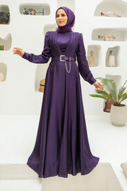  Long Sleeve Purple Islamic Long Sleeve Maxi Dress 3454MOR - 2