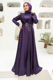  Long Sleeve Purple Islamic Long Sleeve Maxi Dress 3454MOR - 1