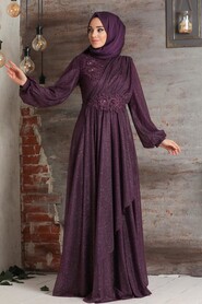 Purple Hijab Evening Dress 3498MOR - 1