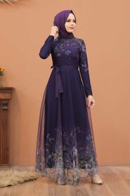  Purple Turkish Hijab Long Sleeve Dress 50171MOR - 1