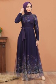  Purple Turkish Hijab Long Sleeve Dress 50171MOR - 2