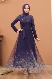  Purple Turkish Hijab Long Sleeve Dress 50171MOR - 3