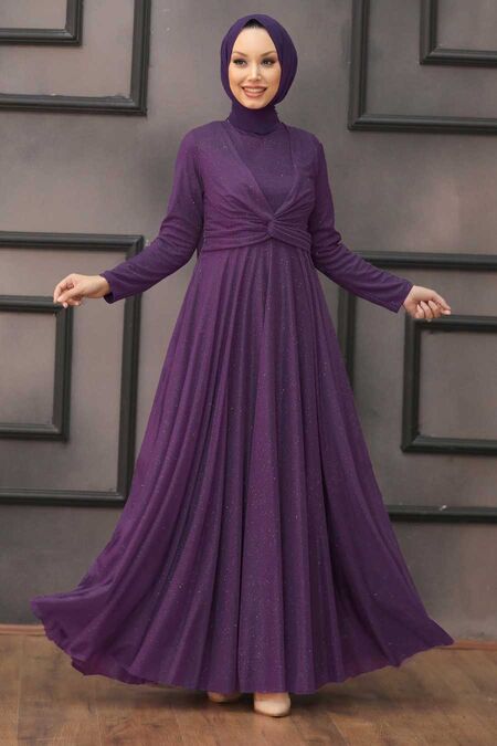 Neva Style - Purple Velvet Long Dress for Muslim Ladies 37291MOR 