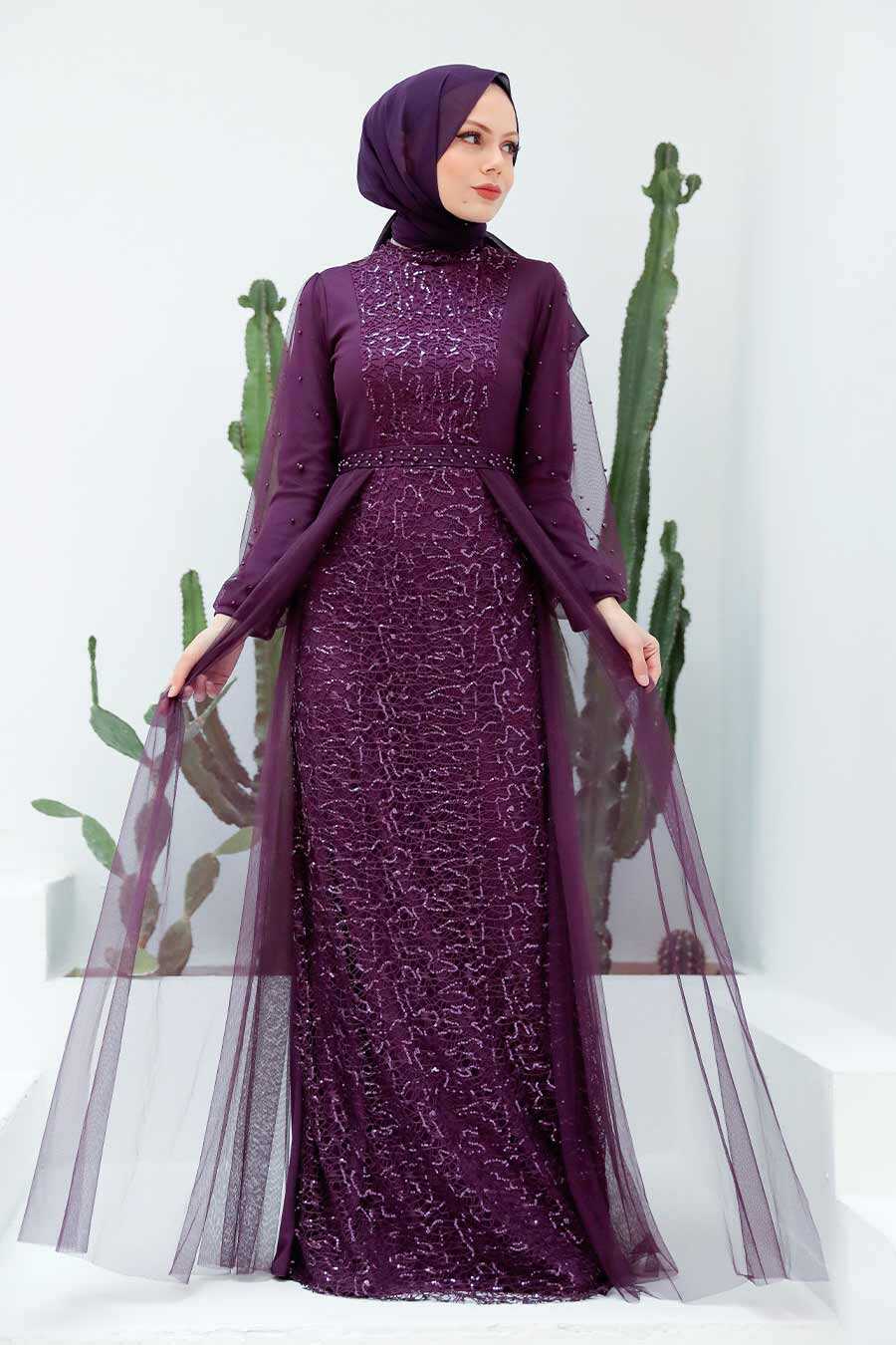 Neva Style - Long Sleeve Purple Modest Evening Gown 5632MOR