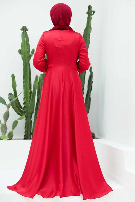 Ruolai A-line Evening Dress Red Color V-Neckline and Detachable Sleeve with  Sash Party Gowns for Women LDR6586