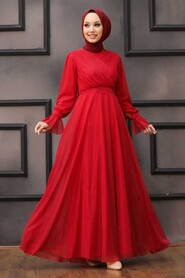  Plus Size Red Hijab Engagement Dress 22202K - 1