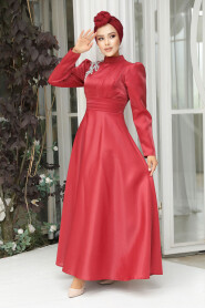  Red Turkish Hijab Evening Dress 22301K - 3