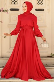  Satin Red Islamic Evening Gown 28890K - 1