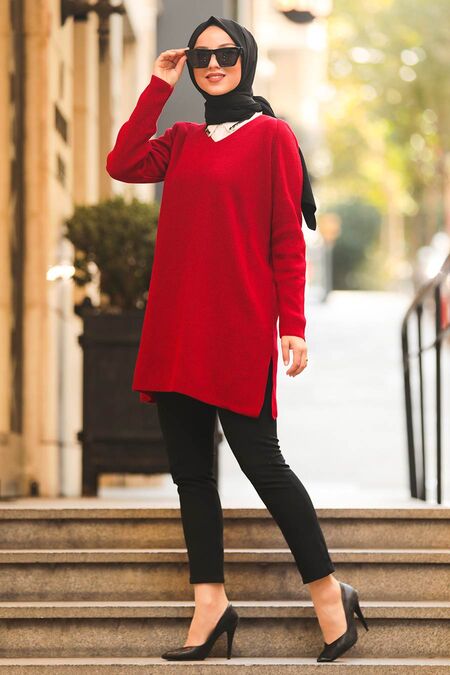 Red Hijab Knitwear Tunic 18120K - NEVA STYLE