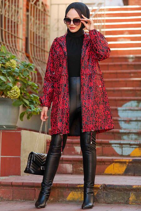 Red Hijab Raincoat 8921K - NEVA STYLE