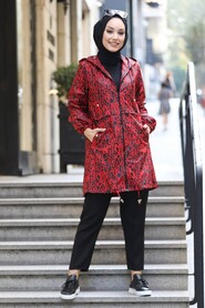 Red Hijab Raincoat Coat 8896K - 2