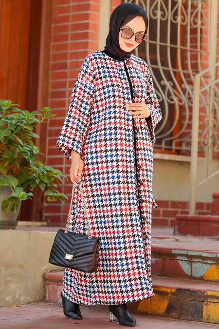 Red Hijab Stamp Coat 5663K - NEVA STYLE